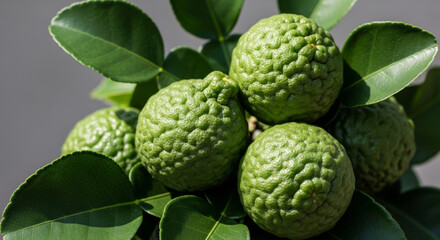 Fototapeta premium Lush Green Bergamot Fruits Nestled Among Vibrant Green Leaves, Showcasing Their Textured Skin and Glossy Foliage