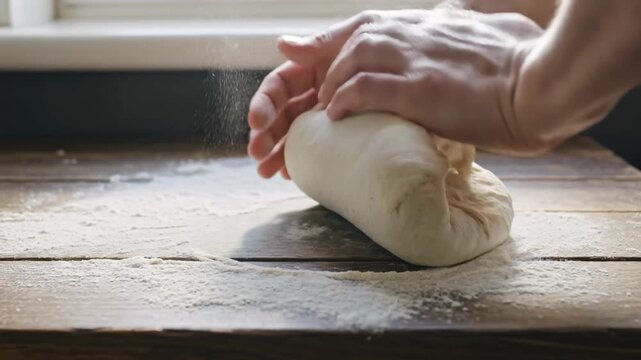 Hand kneading dough in a kitchen to prepare for baking bread at home in the afternoon