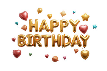 Happy birthday golden foil balloon letters floating with red heart and gold star metallic balloons