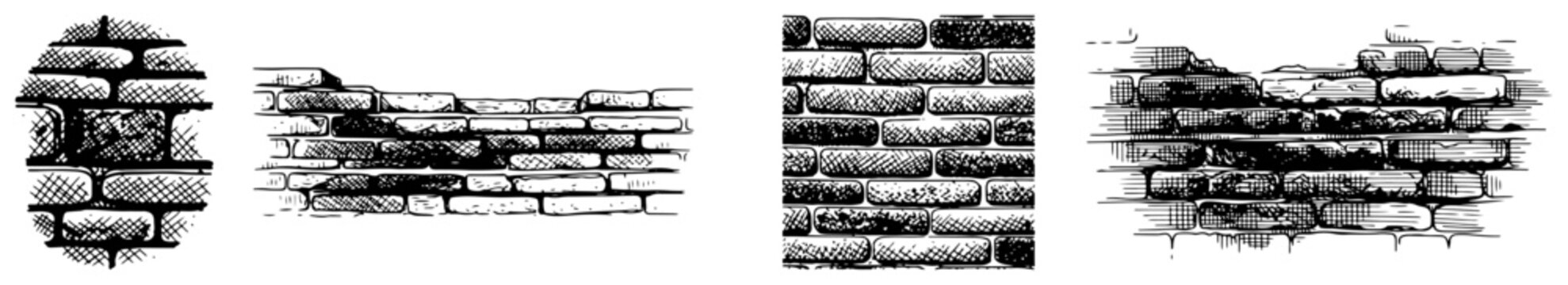 Set of hand drawn brick wall textures and ruins in vintage woodcut style
