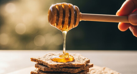 Close-up of a hand drizzling honey over crunchy crackers, creating a delightful and tempting snack.