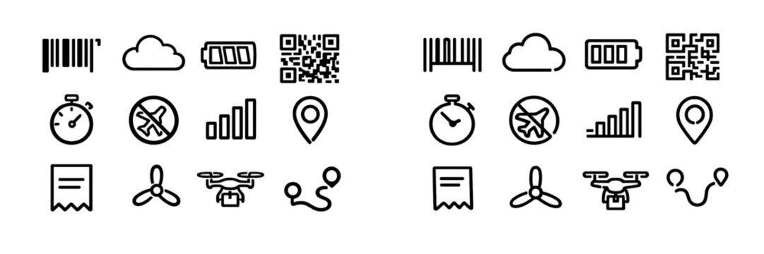 Logistics and delivery service symbols with drone shipping barcode qr code location pin and battery status on white background