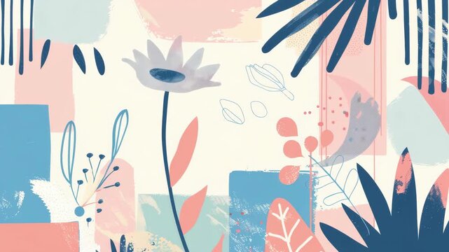 Abstract floral pattern with pastel tones and geometric shapes in artful repetition