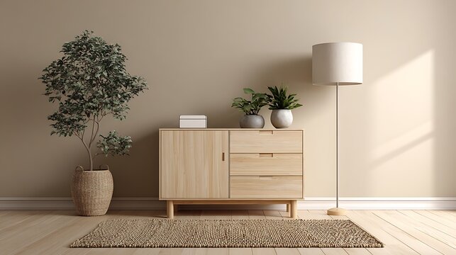 A modern wooden sideboard with plants and a lamp in a minimalist living room with beige walls and a brown rug