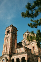 Saint Mark Church with striped brick facade and bell tower rising against a clear blue sky framed by pine branches in Belgrade.