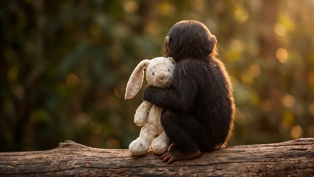 Cute baby chimpanzee hugging a plush toy rabbit, adorable animal friendship and comfort concept, digital illustration