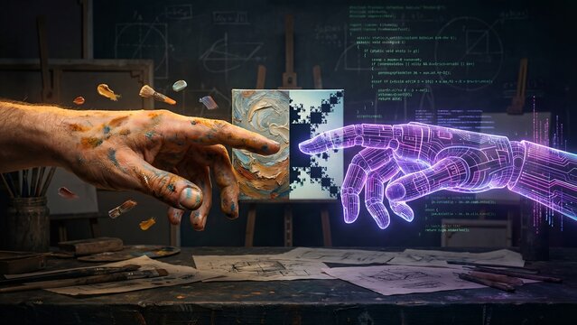 Artist and AI Robot Hands Touching Over Fractal Painting Representing Creative Artificial Intelligence, Generative Art Collaboration, and Human Machine Creativity