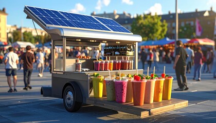 Solar powered mobile food preparation unit serving colorful nutrient rich smoothies from a street market trailer