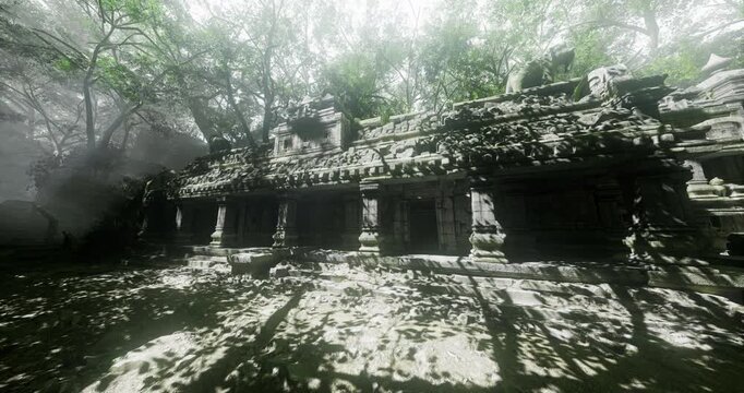 Ruins of an ancient temple emerge from thick mist, encased by lush greenery. Sunlight filters through the trees, casting intricate shadows on weathered stone.