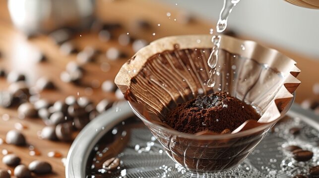 Slow motion footage of coffee grounds being poured into a filter with water mixing in a glass cup