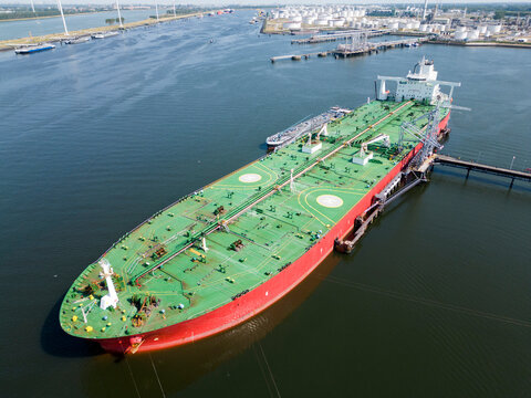 View of a large oil tanker in the port of Rotterdam