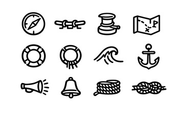 Nautical and maritime icons set including anchor compass lifebuoy map rope and wave for sea travel and sailing design elements © PAPA STOCK