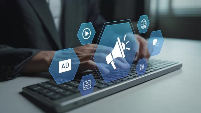 Digital advertising and public relations concept. Person typing keyboard with promotion and media outreach icons, brand awareness, communication strategy and corporate reputation management.
