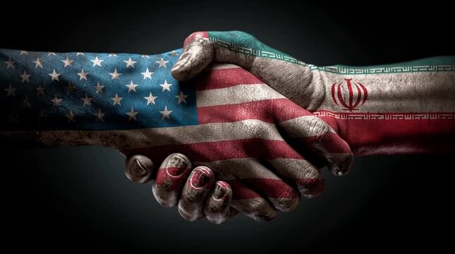 Two hands shake, one painted with the American flag and the other with the Iranian flag. The scene symbolizes international relations and geopolitical tension.