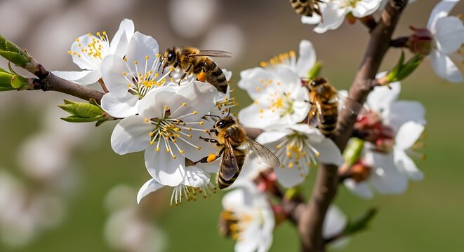 Close-up of bees pollinating white blossoms on a tree branch in spring