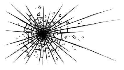 Broken glass window with bullet hole impact and radial cracks in hand drawn sketch style