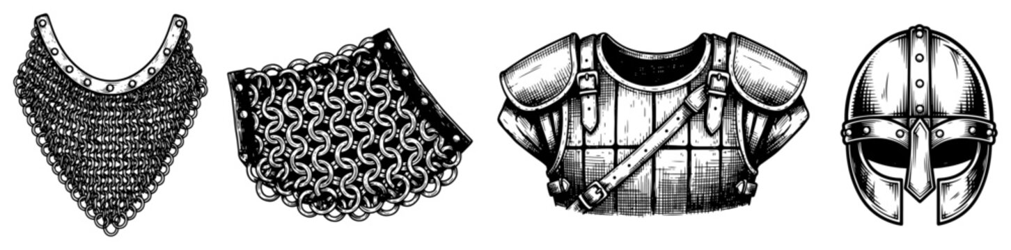 Viking armor and gear collection with chainmail coif helmet and chest plate sketches