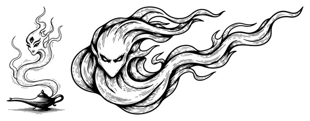 Mythical genie spirit emerging from magic oil lamp with swirling smoke in hand drawn engraving style © Amelia