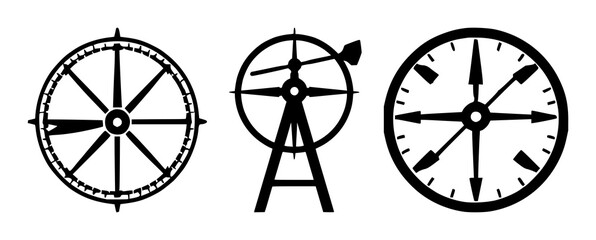 Anemometer set with flat vector icon of a wind gauge featuring bold outlines, solid black, white background with weather symbol and anemometer illustration