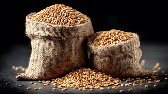 Two burlap sacks filled with golden wheat grains on a dark background