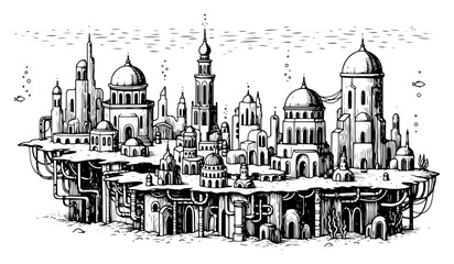 Detailed hand drawn engraving of a futuristic underwater city with domes and pipes © Amelia