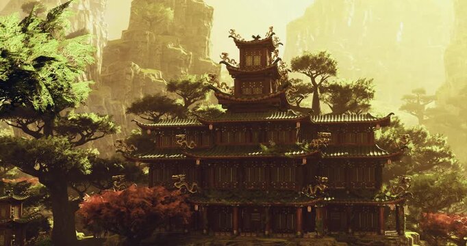 A grand structure emerges amidst towering rock formations and abundant greenery. Ancient Chinese architecture showcases intricate details, harmonizing with the tranquil landscape under soft sunlight.