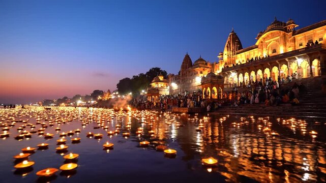 Floating oil lamps on holy river at Indian temple dusk