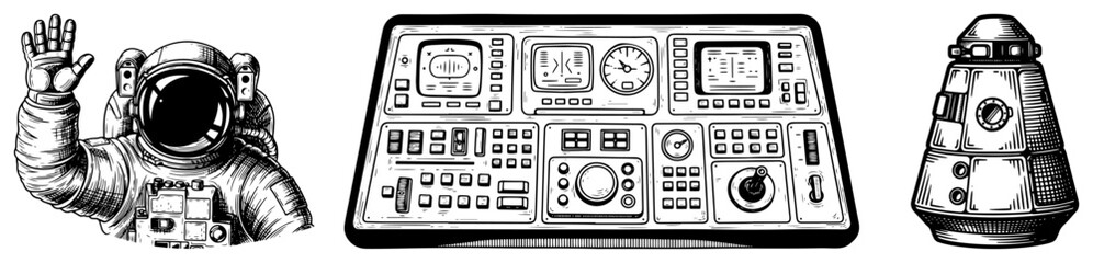 Set of retro space exploration elements with astronaut and control panel in vintage engraving style