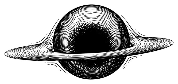 Detailed black hole with glowing accretion disk in deep space in hand drawn engraving style