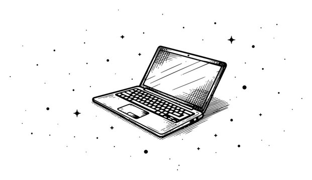 Modern laptop computer floating in deep space surrounded by distant stars in hand drawn style