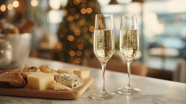 A festive holiday table setting with champagne and cheese board