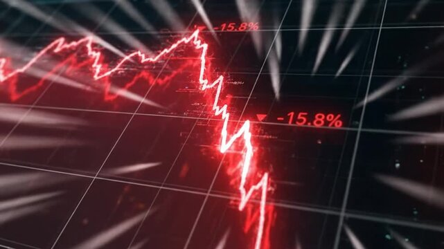 A red financial graph plunges dramatically on a dark digital grid, symbolizing market crash and bankruptcy.