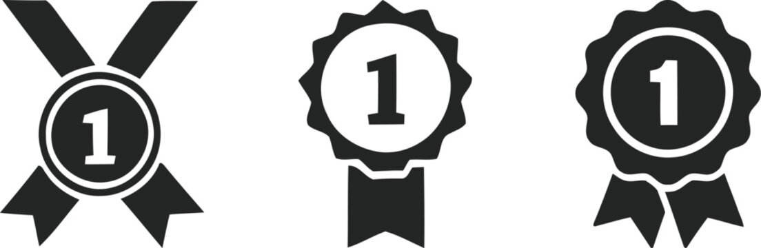 Set of three black silhouette number one award ribbon rosettes and medals, designed to symbolize first place victory and premium quality achievements.