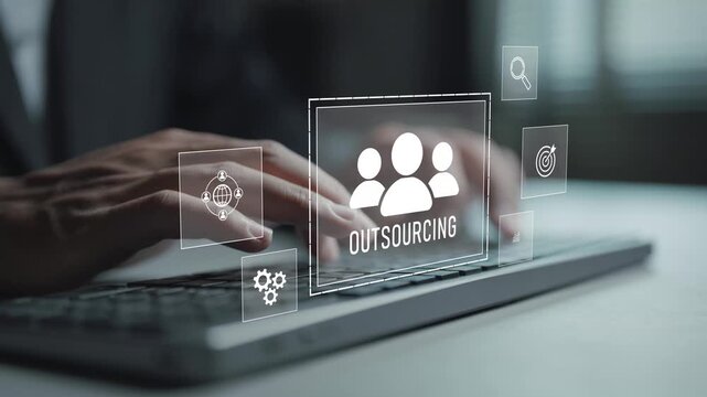Business outsourcing strategy concept. Person typing keyboard with teamwork and service provider icons, cost optimization, external resource management and corporate operations.