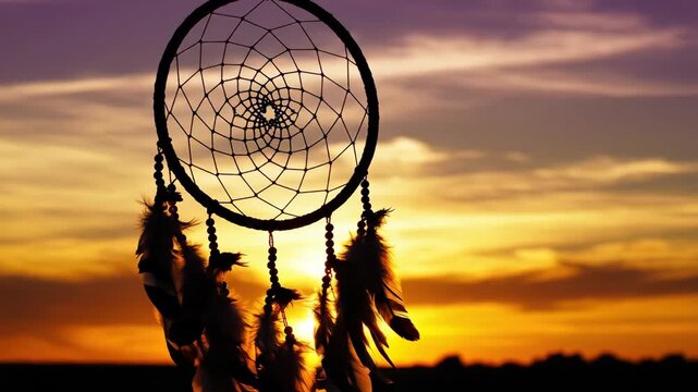 Dreamcatcher silhouette against a sunset sky. Traditional native american amulet hanging outdoors at dusk. Spiritual protection symbol during golden hour light effect.