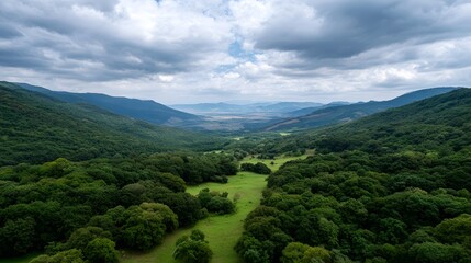 Obraz premium Sweeping aerial view of a lush green forest valley nestled between rolling hills beneath a dramatic cloudy sky showcasing natural beauty