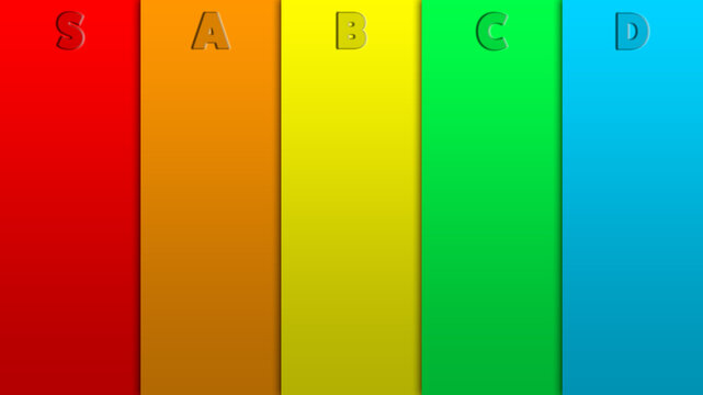Vertical gaming tier list template. Five tiers from S tier to D tier for comparing and ranking items from best to worst. 16:9 format for Full HD 1080p and UHD 4K content.