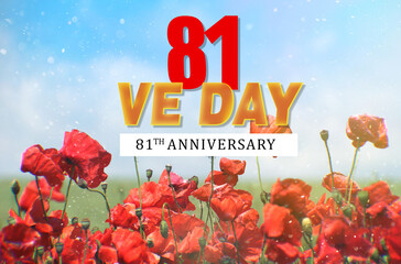 V-E Day 81th Anniversary 8 May, greeting card or web banner. Victory in Europe Day banner or poster
