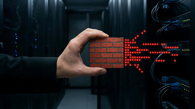 IT professional securing server room with firewall protection