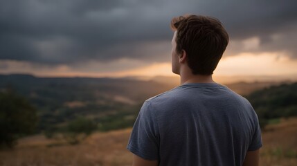Fototapeta premium A man contemplates a dramatic landscape under a cloudy colorful sky at dusk