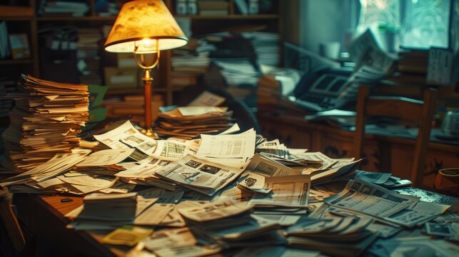 Messy Desk with Stacked Papers and Warm Lamp Light.