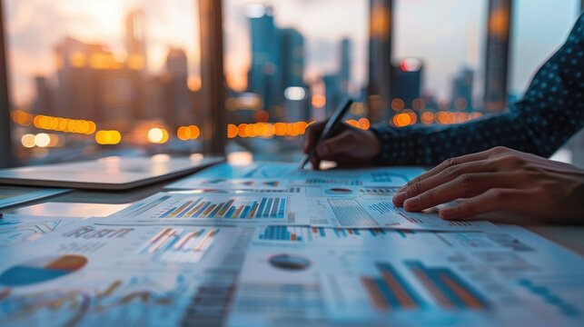 Person Analyzing Business Data and Financial Reports in Modern Office.