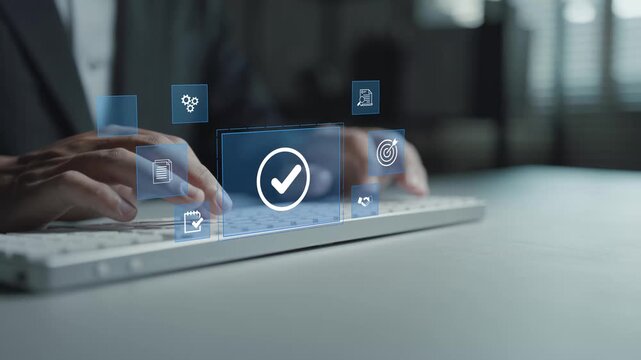 Standard quality control certification assurance concept. Person typing keyboard with quality assurance and certification icons, compliance standards, quality management and business reliability.
