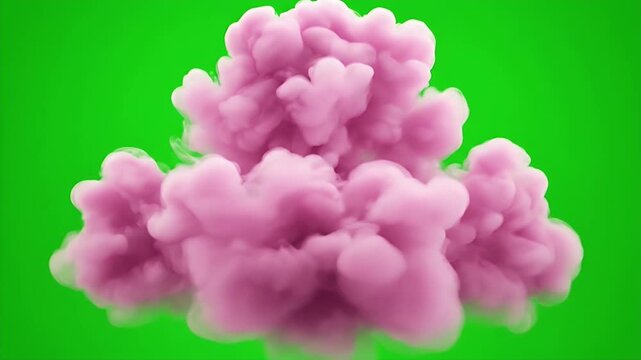 Pink smoke cloud billowing and expanding on green screen background