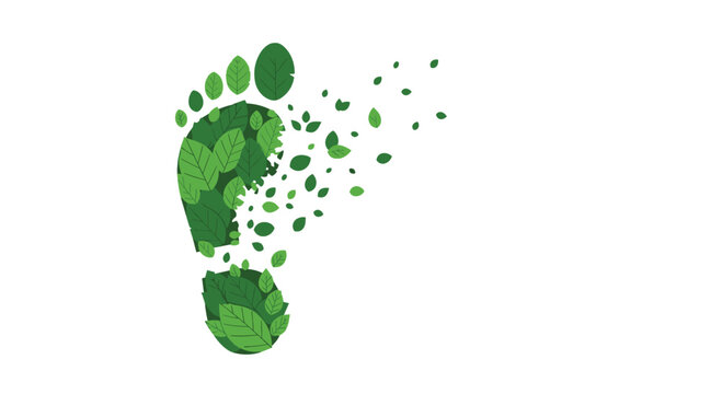 A large human footprint, formed from green leaves, gradually dissipates into scattered foliage on a clean white background.