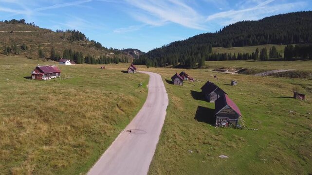 Aerial drone footage flying over the Marcesina plateau in Italy, showcasing the iconic "Casoni" mountain huts. The video captures the peaceful, isolated nature of these ancient rustic cabins