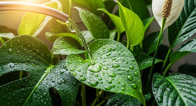 Watering lush green houseplants with fresh water droplets on leaves in sunlight
