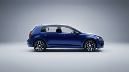 Obraz premium Blue compact hatchback car parked on light-gray studio background