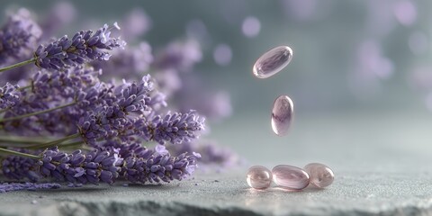 Natural herbal capsules with lavender and echinacea flowers, symbolizing botanical supplements, holistic health, and alternative medicine lifestyle