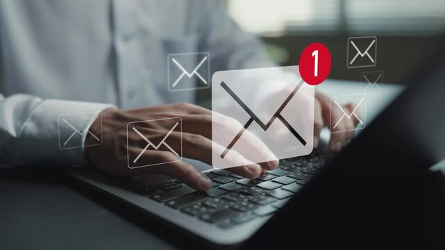 Digital email notification service concept. User using laptop with email and notification icons, instant messaging alerts, online communication and information updates.
